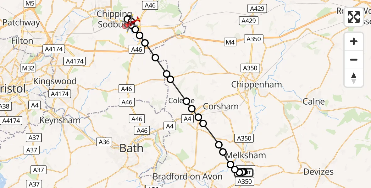 Flight path map showing Air Ambulance Helicopter route from Wiltshire Air Ambulance to Old Sodbury