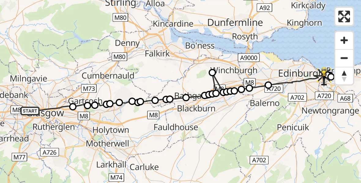 Flight path map showing Police Helicopter route from Glasgow to City of Edinburgh