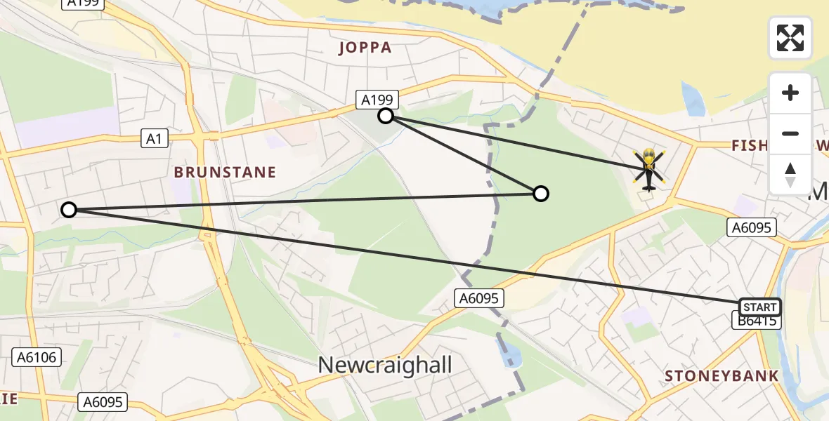 Flight path map showing Police Helicopter route from Musselburgh to Musselburgh
