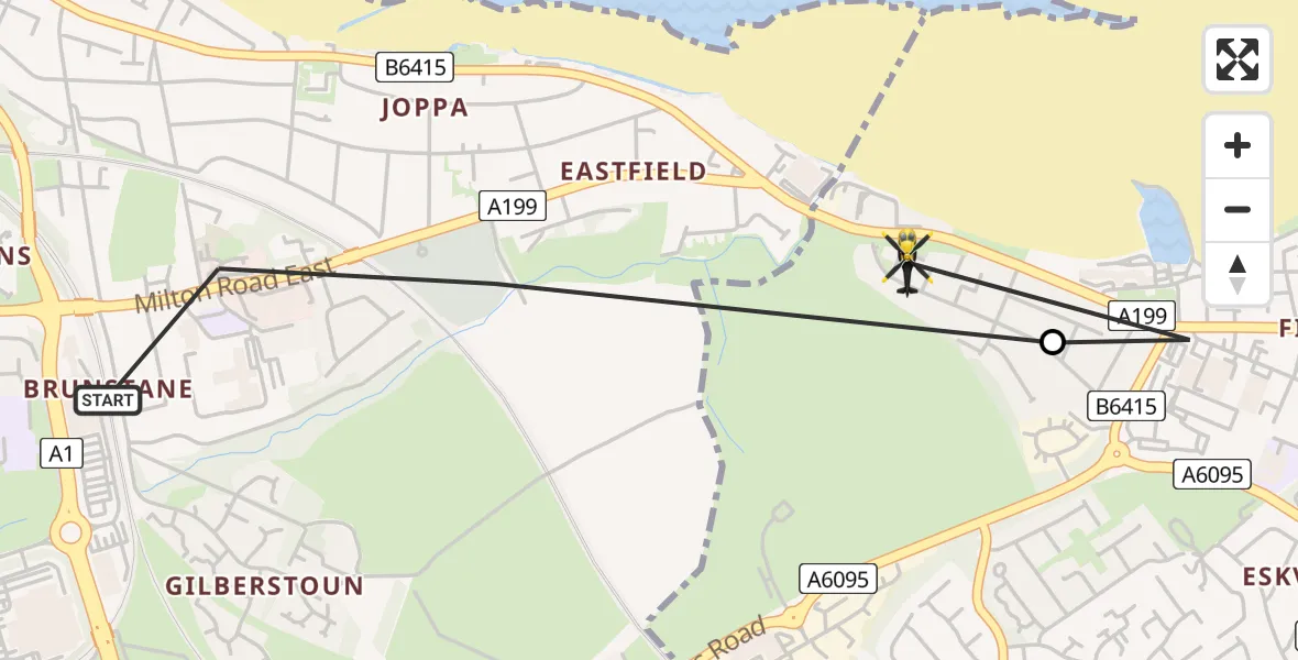 Flight path map showing Police Helicopter route from City of Edinburgh to Musselburgh