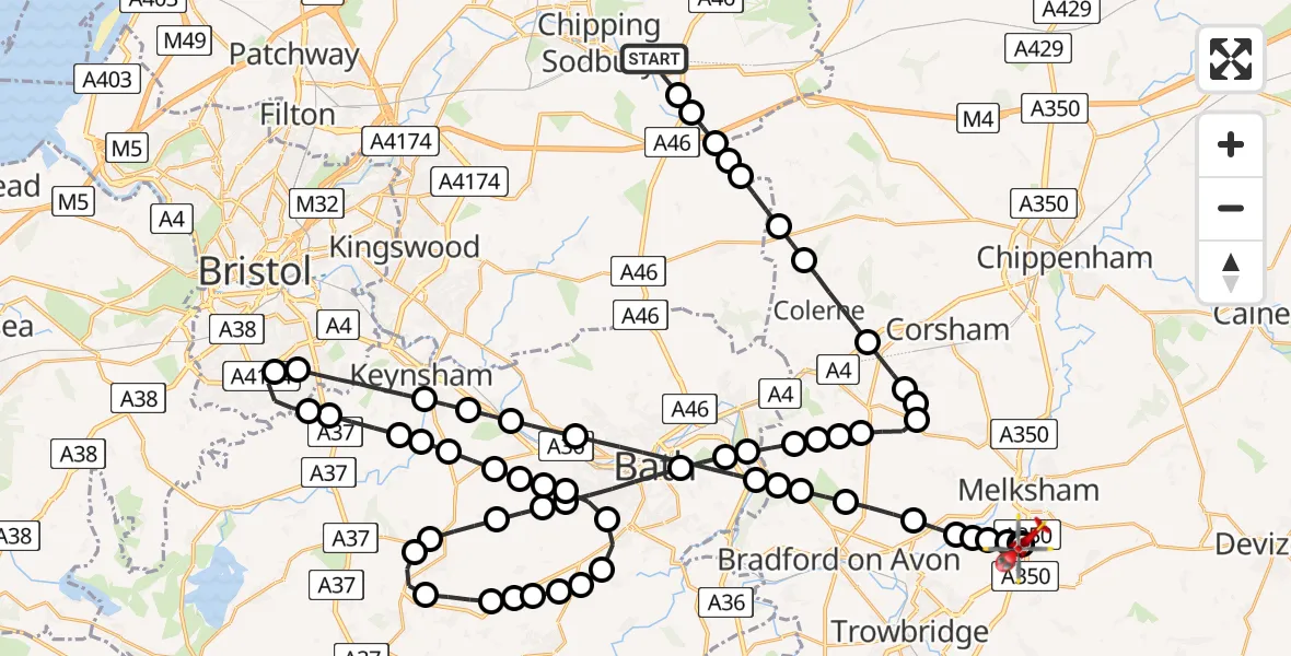 Flight path map showing Air Ambulance Helicopter route from Old Sodbury to Wiltshire Air Ambulance