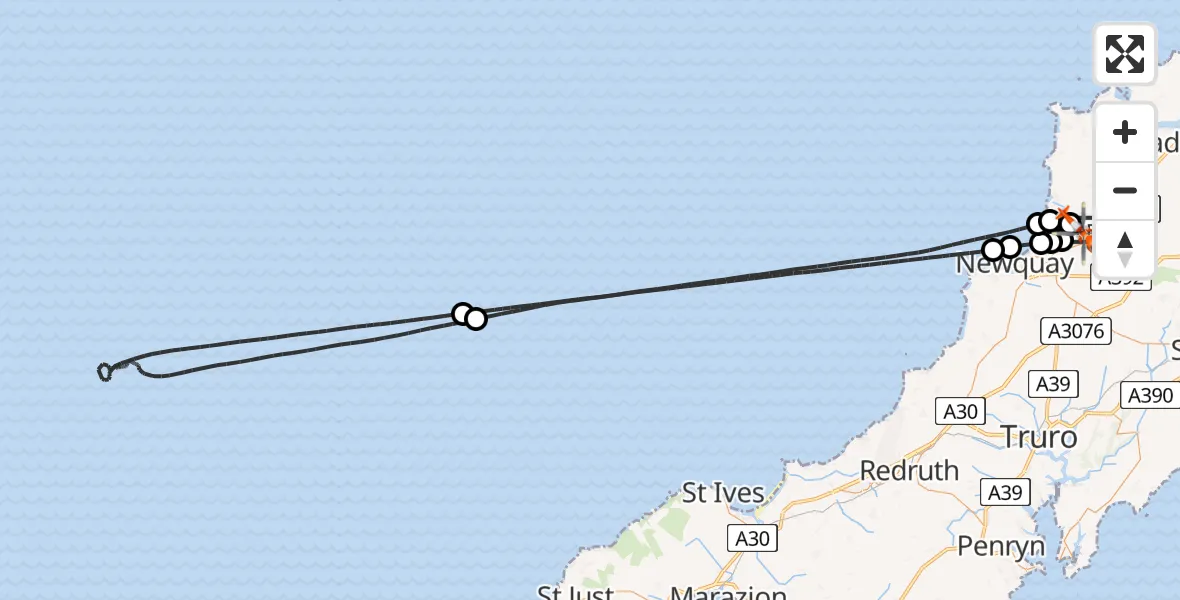 Flight route Coastguard Helicopter Cornwall Airport Newquay - Cornwall Airport Newquay, 01 March 2026, 23:33