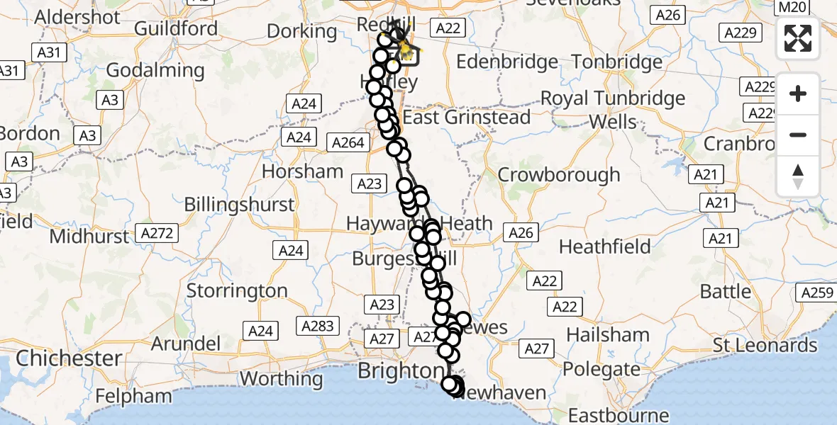 Flight path map showing Police Helicopter route from Salfords to South Nutfield
