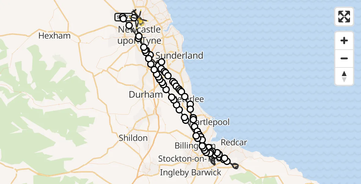 Flight path map showing Police Helicopter route from Newcastle International Airport to Hazlerigg Village