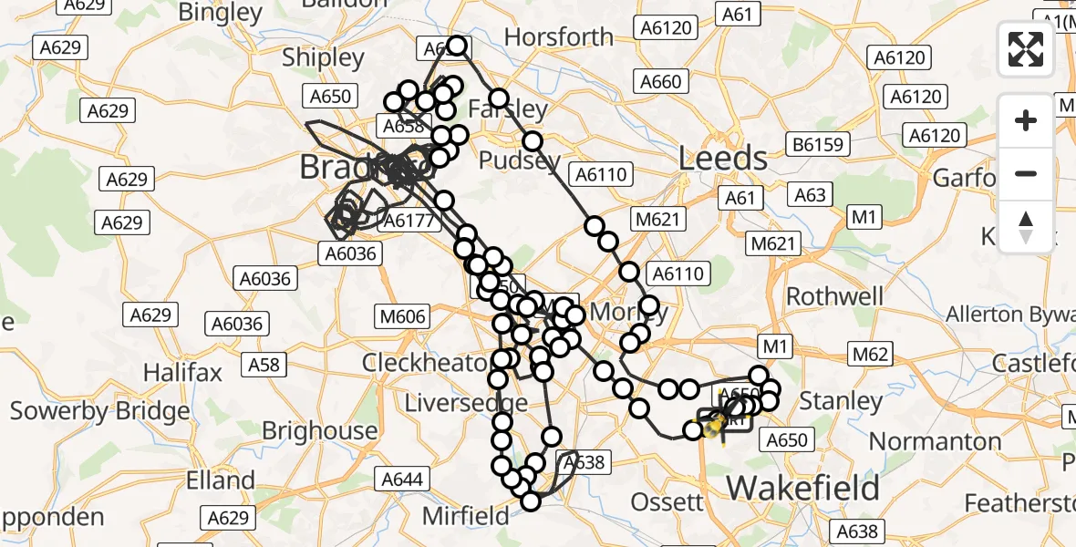 Flight path map showing Police Helicopter route from East Ardsley to East Ardsley