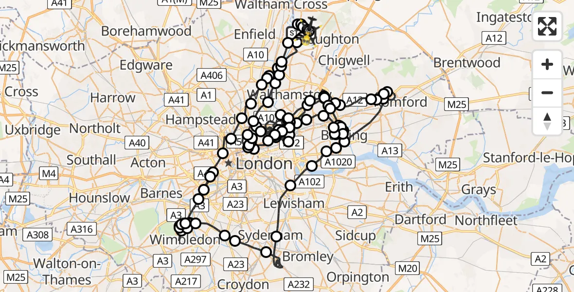 Routekaart van de vlucht: Police Helicopter to Sewardstonebury, Metropolitan Police Air Support Unit Lippitts Hill