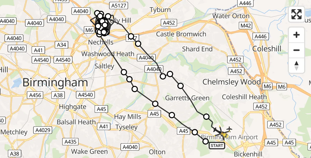Flight path map showing Police Helicopter route from Birmingham Airport to Birmingham Airport