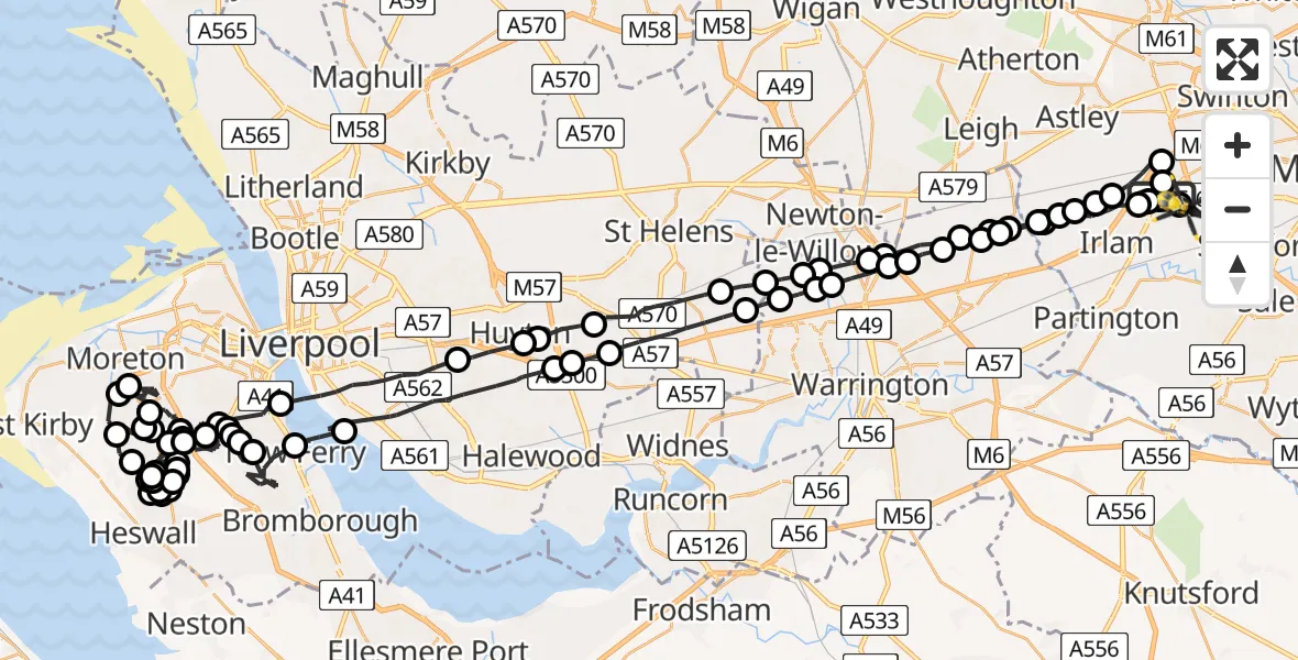 Flight path map showing Police Helicopter route from Manchester Barton Aerodrome to Flixton