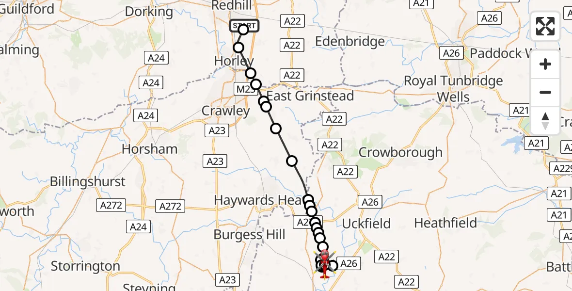 Flight path map showing Air Ambulance Helicopter route from Redhill Aerodrome to Barcombe