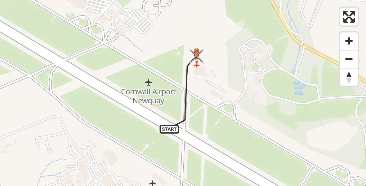 Flight path map showing Coastguard Helicopter route from Cornwall Airport Newquay to Cornwall Airport Newquay