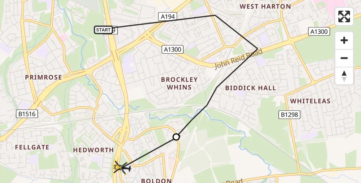 Flight path map showing Police Helicopter route from Jarrow to West Boldon