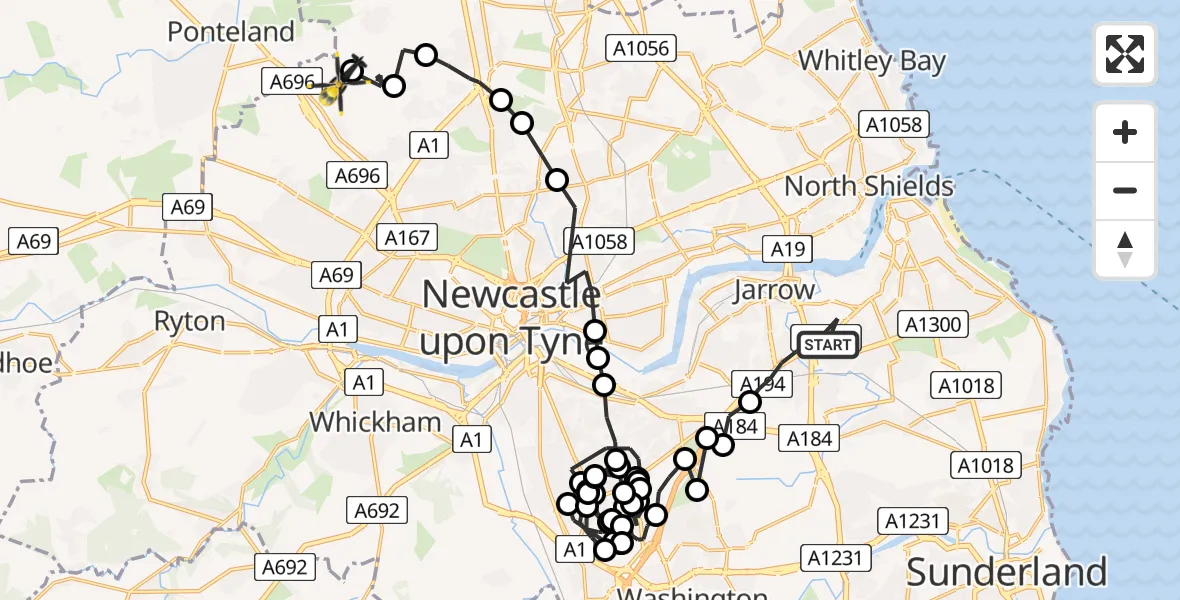 Flight path map showing Police Helicopter route from Jarrow to Newcastle International Airport