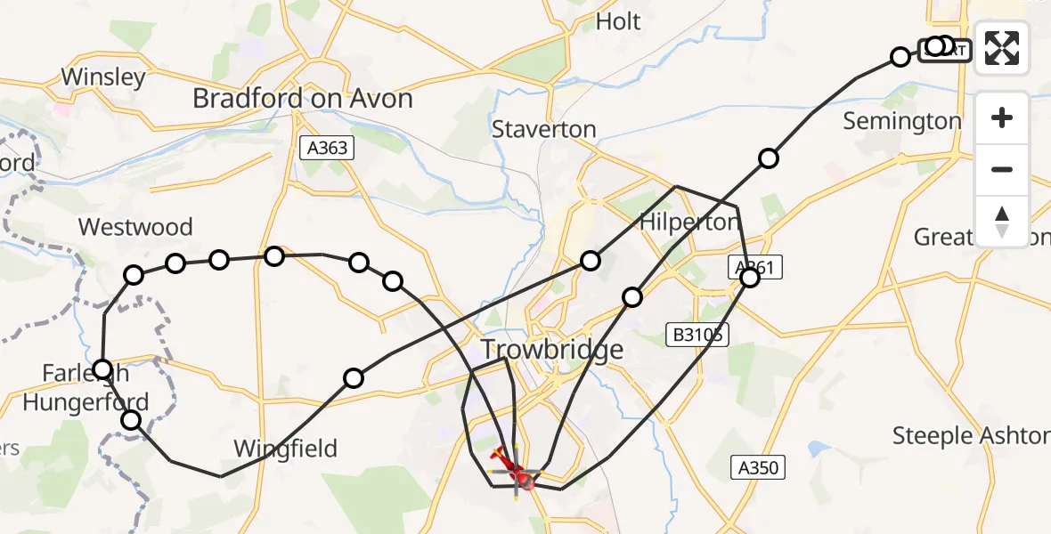 Flight path map showing Air Ambulance Helicopter route from Wiltshire Air Ambulance to Trowbridge