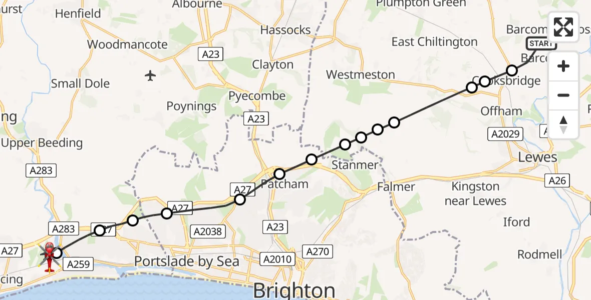Flight path map showing Air Ambulance Helicopter route from Barcombe to Brighton City Airport