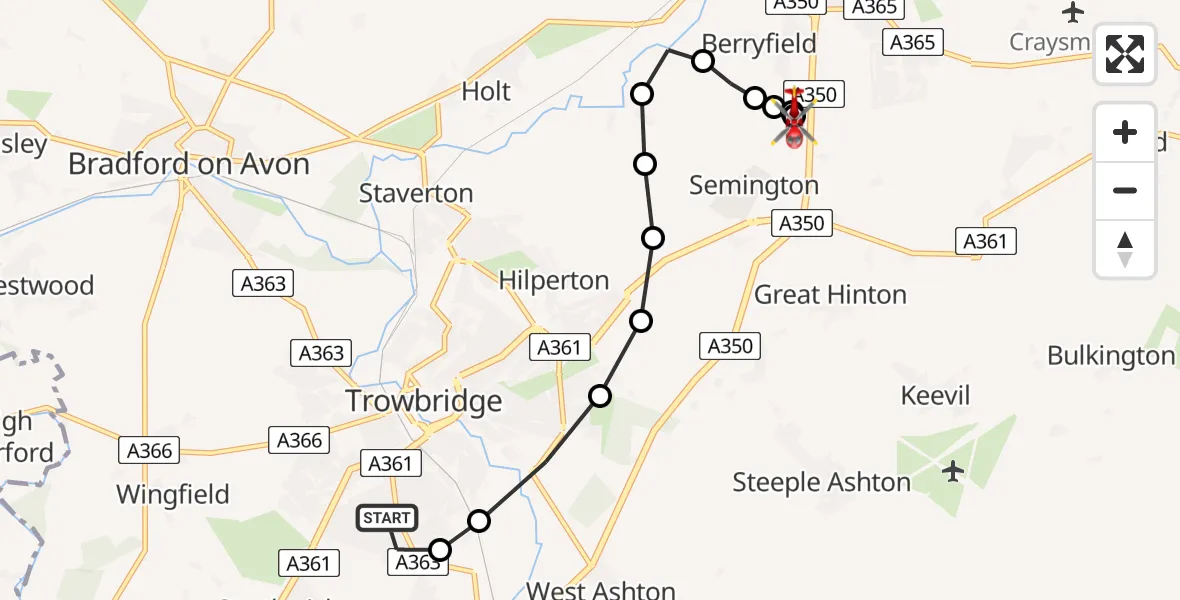 Flight path map showing Air Ambulance Helicopter route from Trowbridge to Wiltshire Air Ambulance