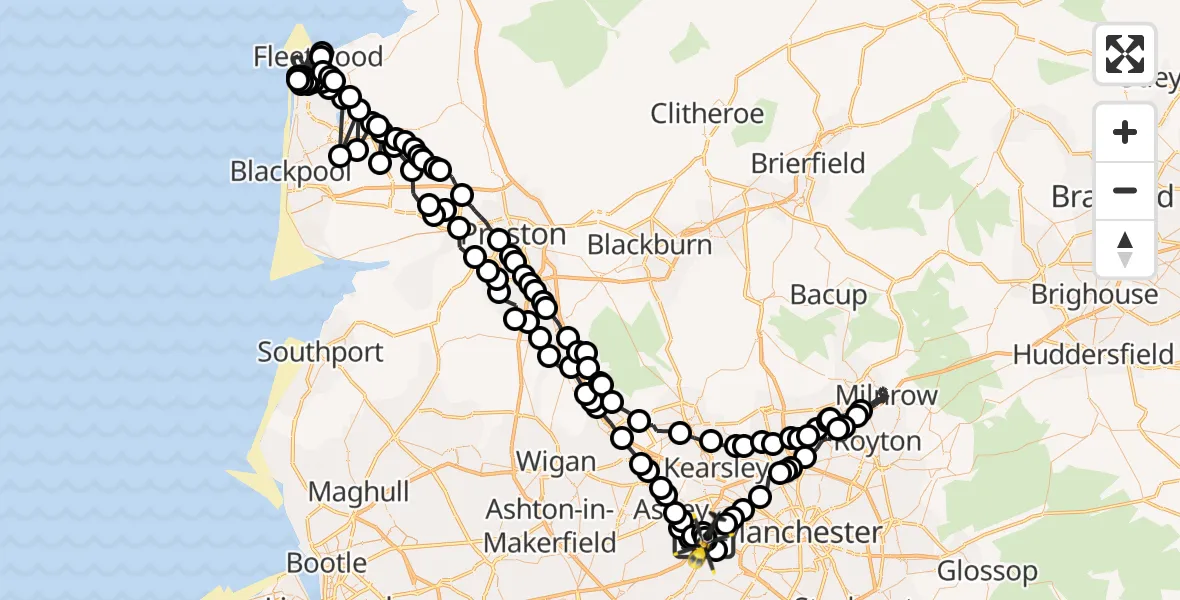 Flight path map showing Police Helicopter route from Manchester Barton Aerodrome to Manchester Barton Aerodrome