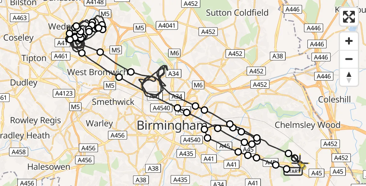 Flight route Police Helicopter Birmingham Airport - Birmingham Airport, 02 March 2026, 03:56