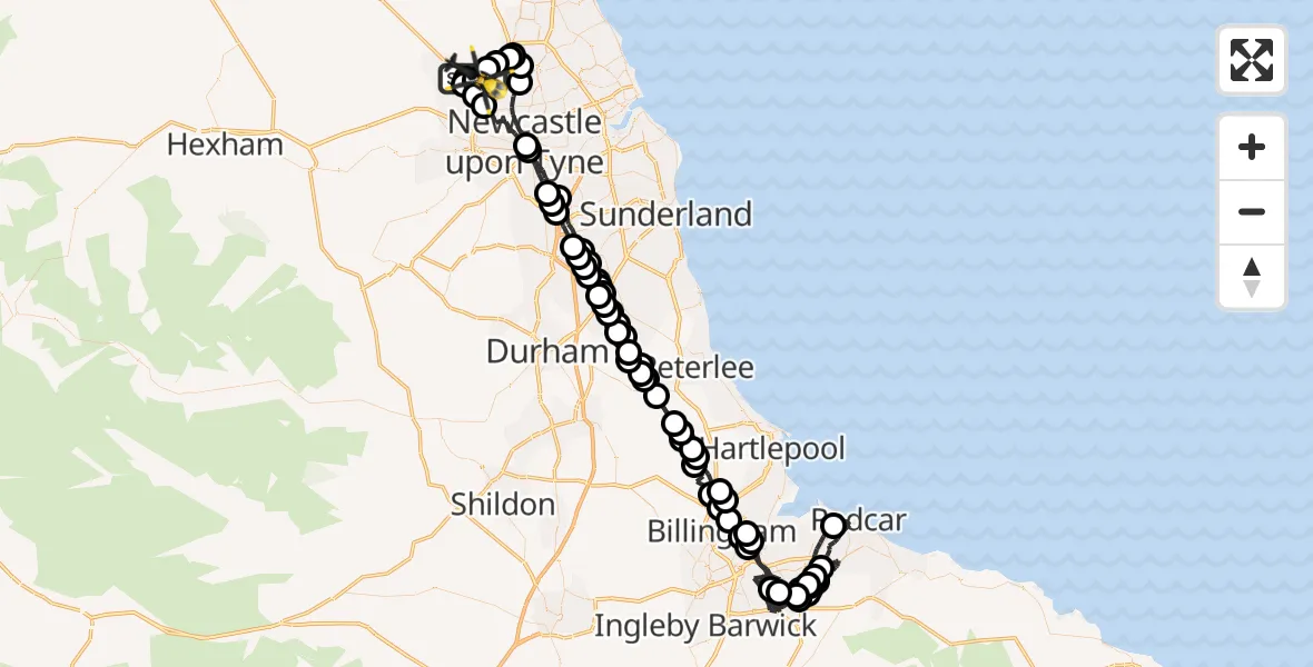 Flight path map showing Police Helicopter route from Newcastle International Airport to Newcastle International Airport