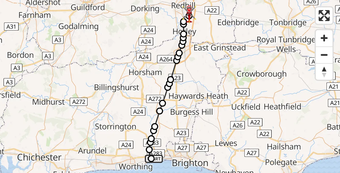 Flight route Air Ambulance Helicopter Brighton City Airport - Redhill Aerodrome, 02 March 2026, 04:10