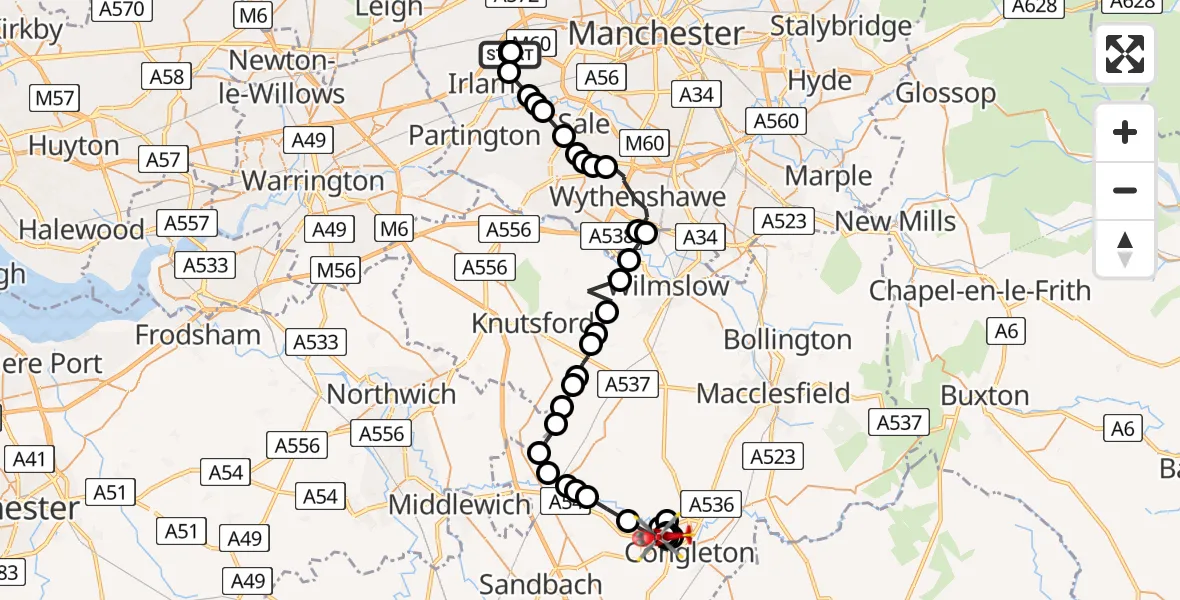 Flight path map showing Air Ambulance Helicopter route from Manchester Barton Aerodrome to Congleton