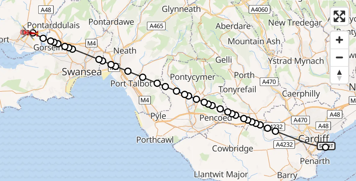 Flight path map showing Air Ambulance Helicopter route from Cardiff Heliport to Dafen