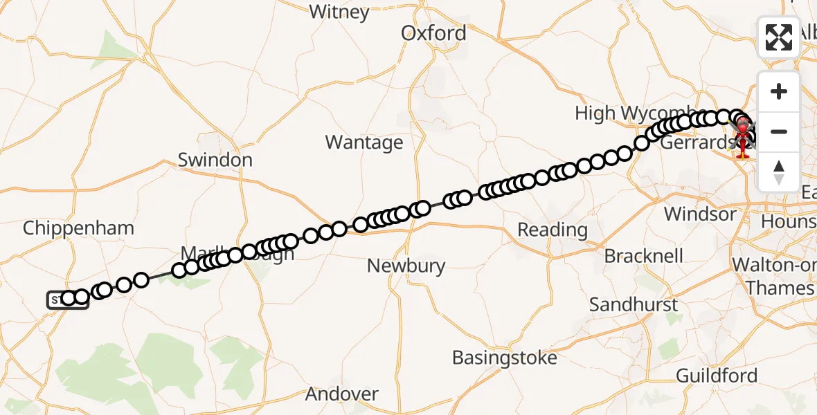 Flight path map showing Air Ambulance Helicopter route from Wiltshire Air Ambulance to Denham Aerodrome