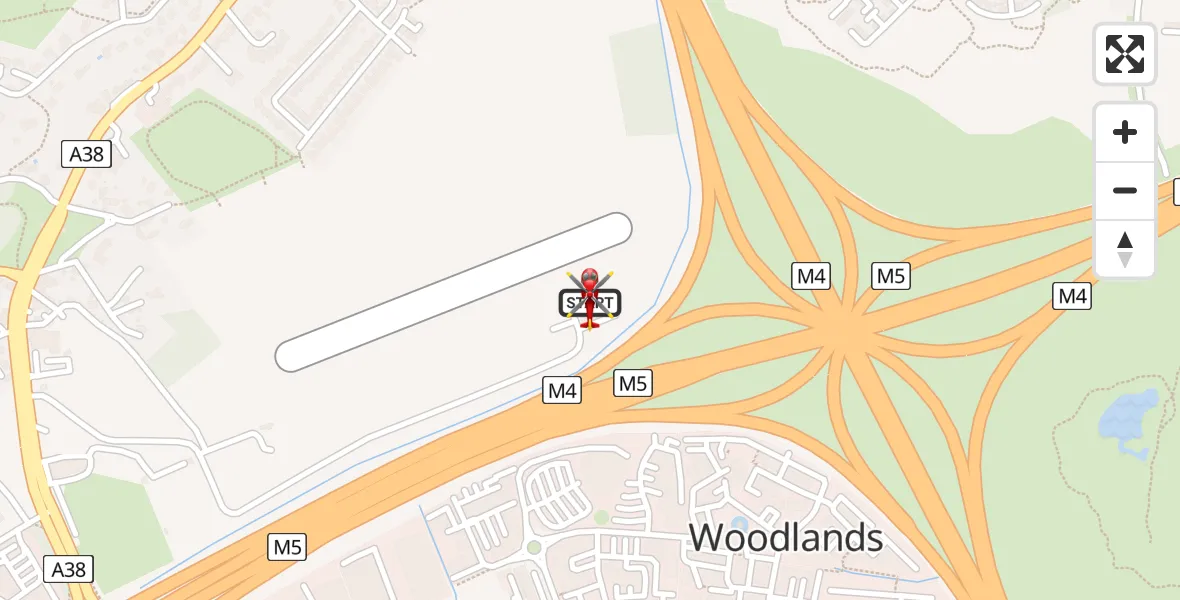 Flight path map showing Air Ambulance Helicopter route from Almondsbury Helicopter Base to Almondsbury Helicopter Base
