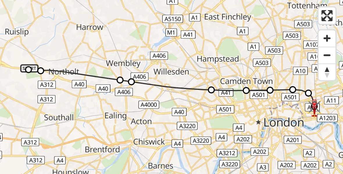 Flight path map showing Air Ambulance Helicopter route from RAF Northolt to Royal London Hospital