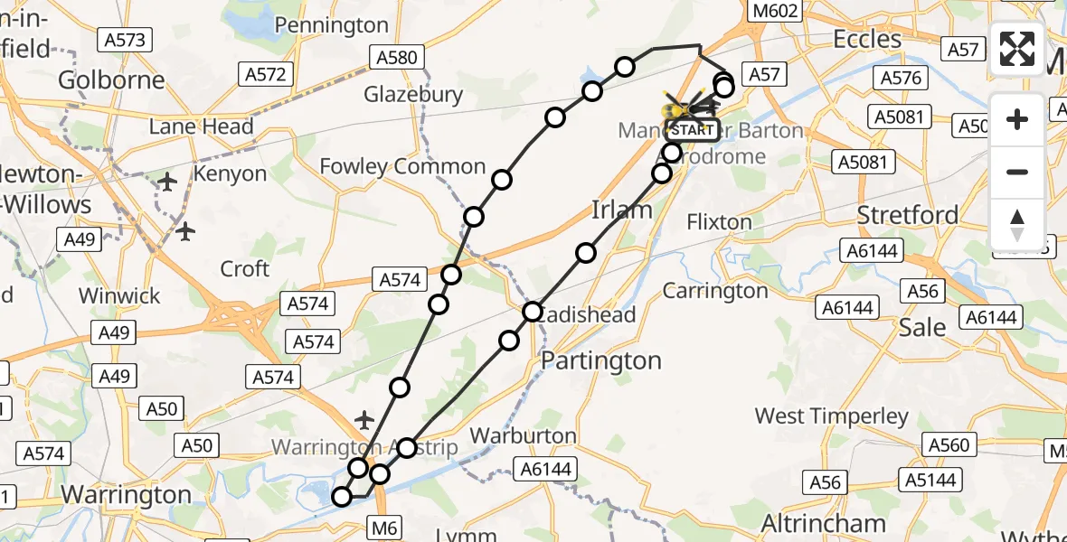 Flight path map showing Police Helicopter route from Manchester Barton Aerodrome to Irlam