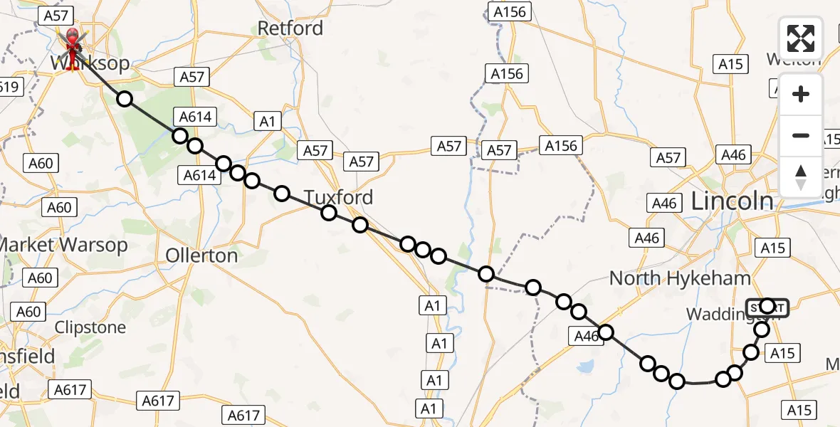 Flight path map showing Air Ambulance Helicopter route from RAF Waddington to Worksop