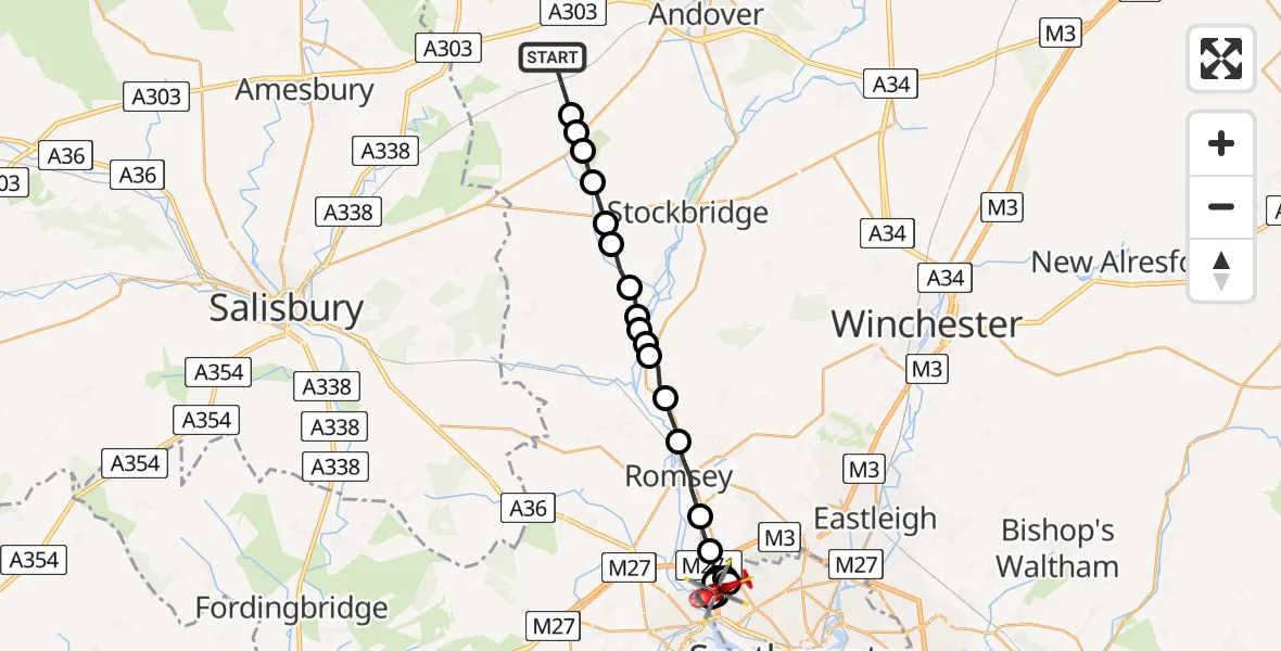 Flight path map showing Air Ambulance Helicopter route from Grateley to Hillyfields