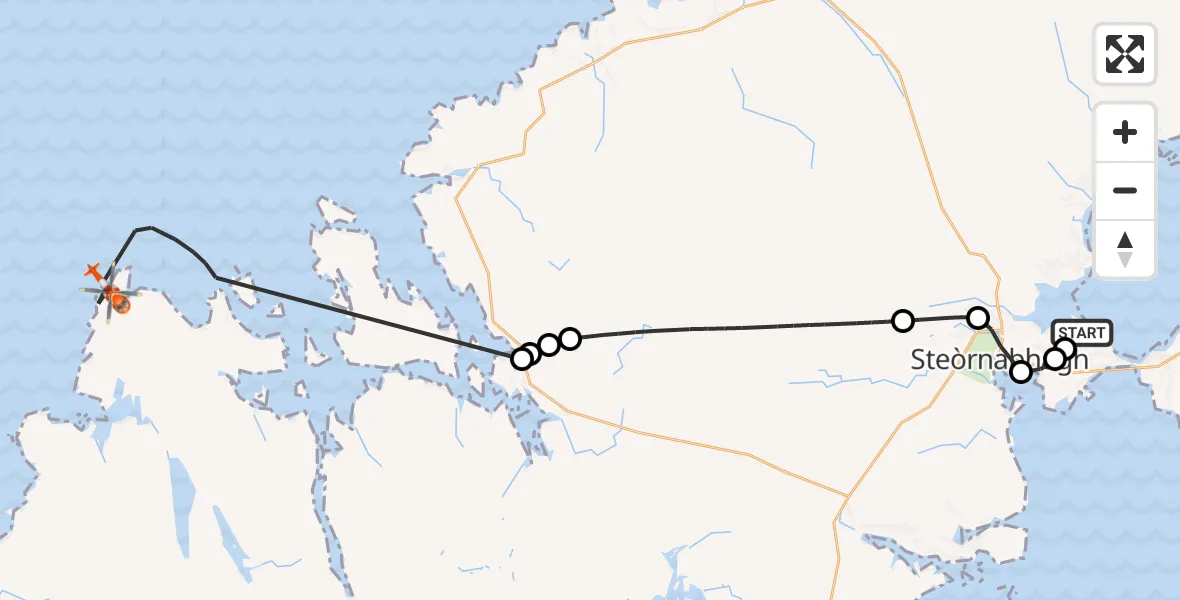 Flight path map showing Coastguard Helicopter route from Stornoway Airport to North Atlantic Ocean