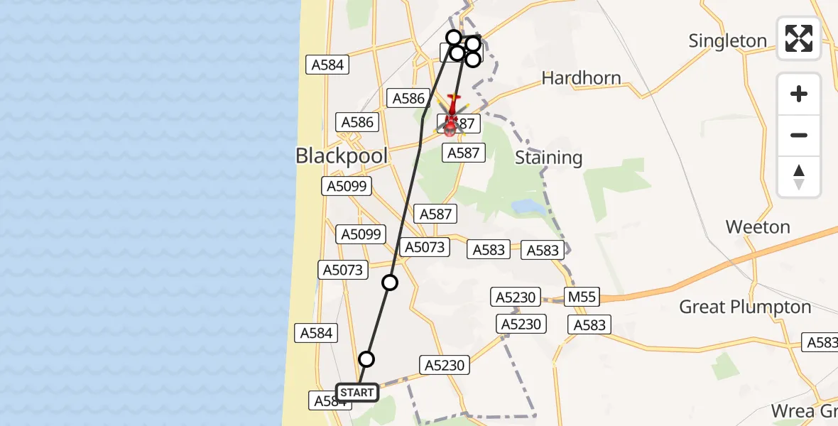 Flight path map showing Air Ambulance Helicopter route from Blackpool Airport to Blackpool