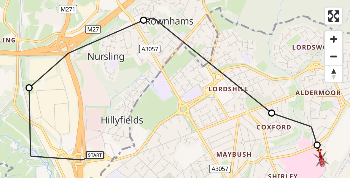 Flight path map showing Air Ambulance Helicopter route from Hillyfields to University Hospital Southampton