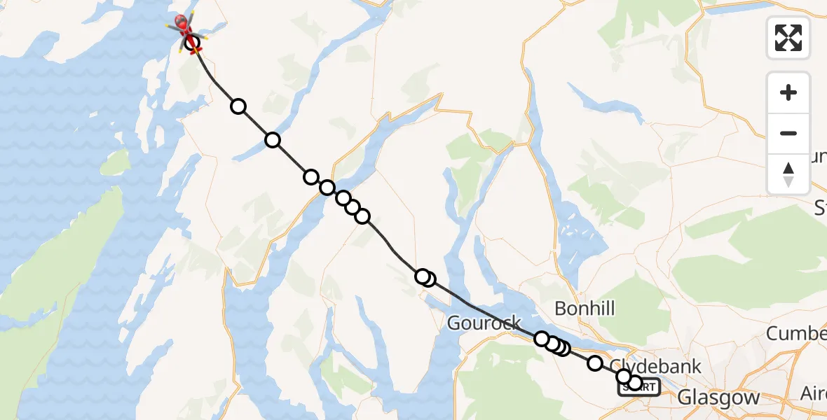 Flight path map showing Air Ambulance Helicopter route from Glasgow Airport to Inner Seas