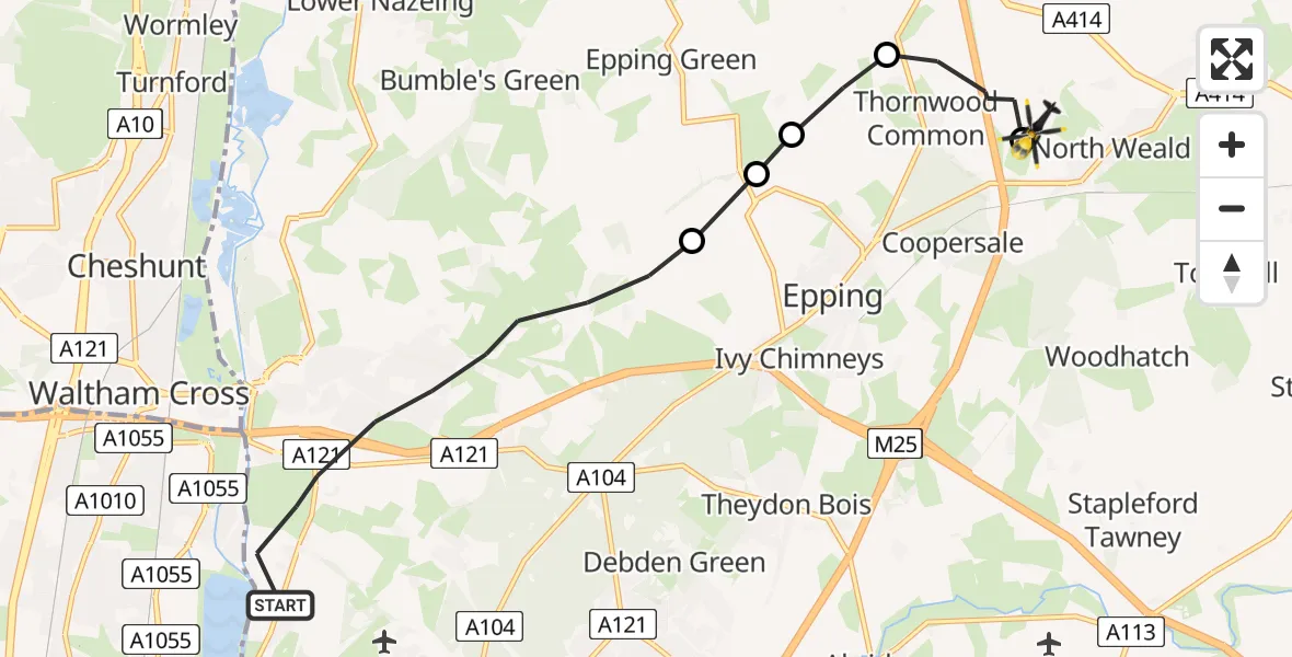 Flight path map showing Police Helicopter route from Epping Forest to North Weald Airfield
