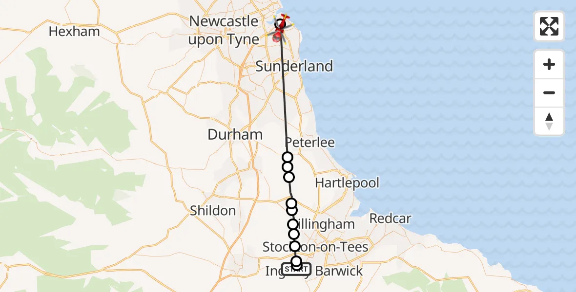 Flight path map showing Air Ambulance Helicopter route from Egglescliffe to South Shields