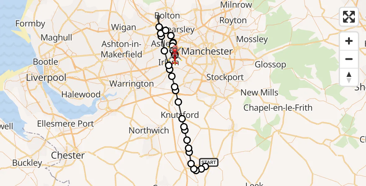 Flight path map showing Air Ambulance Helicopter route from Congleton to Manchester Barton Aerodrome