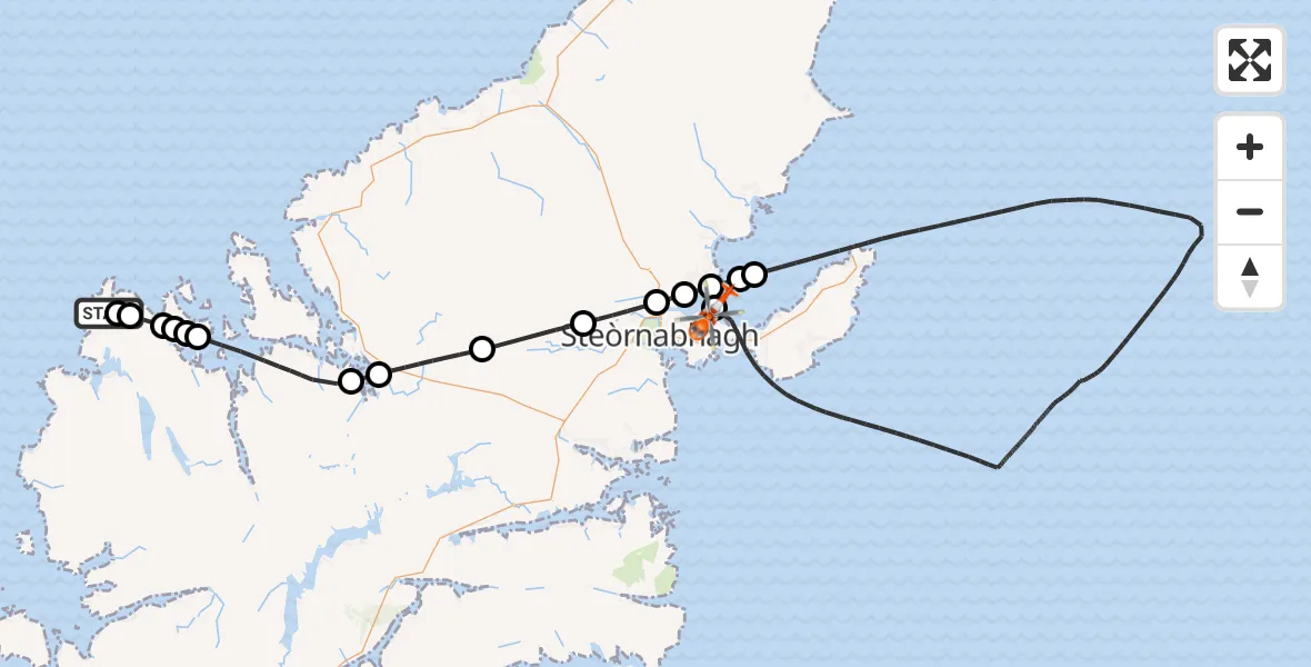 Flight path map showing Coastguard Helicopter route from North Atlantic Ocean to Mealabost