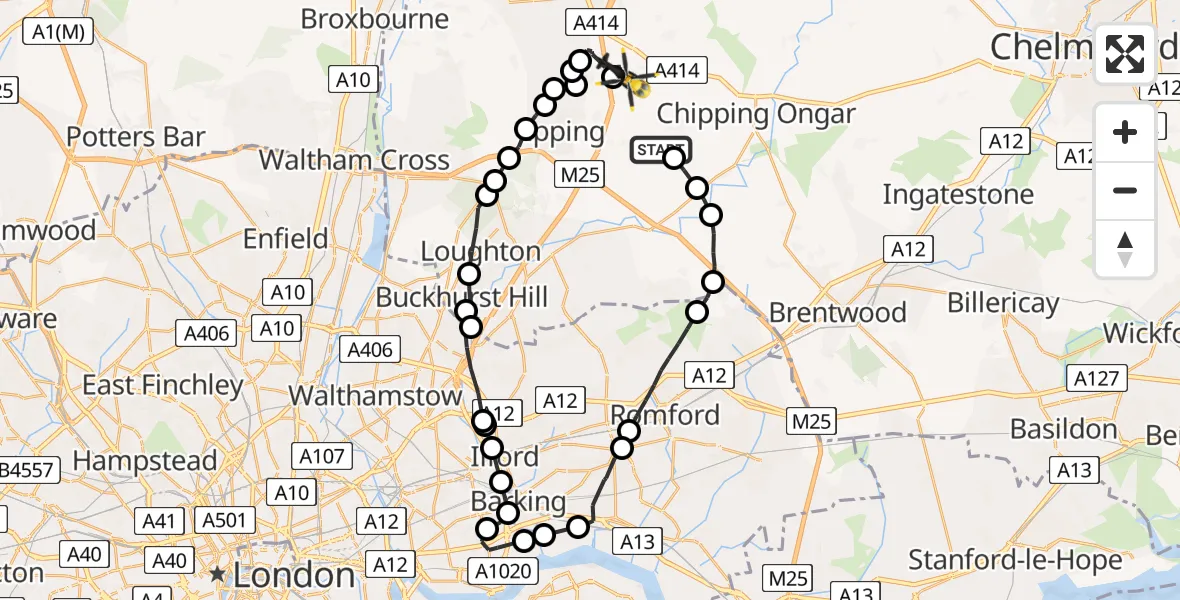 Flight path map showing Police Helicopter route from Stapleford Tawney to North Weald Airfield