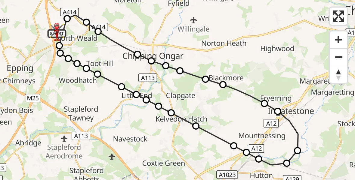 Flight path map showing Air Ambulance Helicopter route from North Weald Airfield to North Weald Airfield