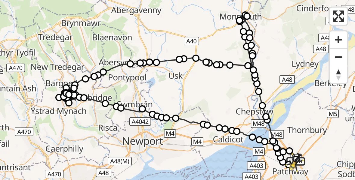 Flight path map showing Police Helicopter route from Almondsbury Helicopter Base to Almondsbury Helicopter Base