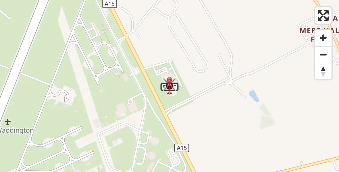 Flight path map showing Air Ambulance Helicopter route from RAF Waddington to North Kesteven