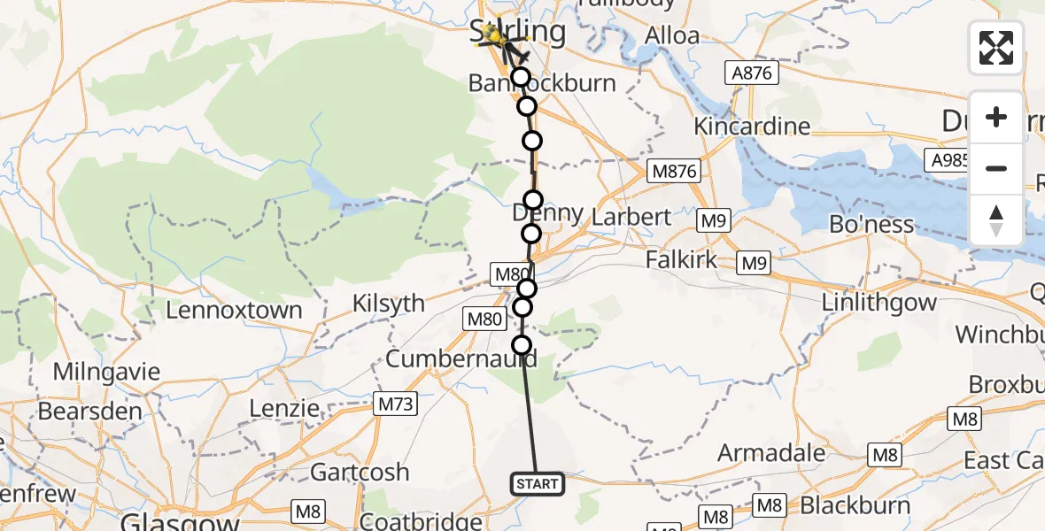 Flight path map showing Police Helicopter route from Plains to Stirling
