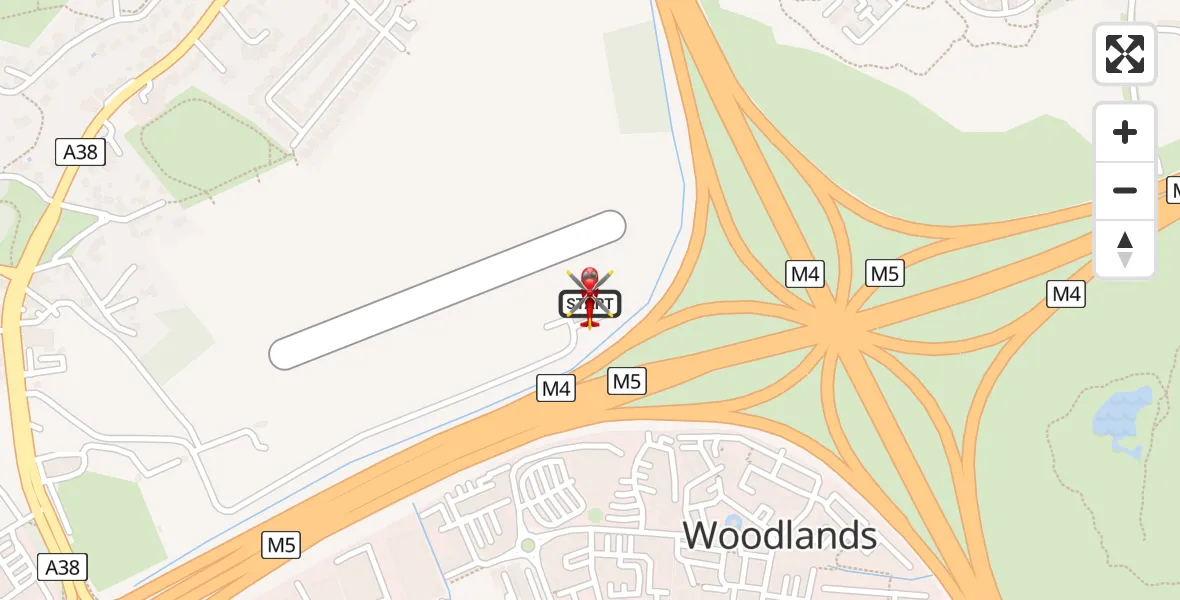 Flight path map showing Air Ambulance Helicopter route from Almondsbury Helicopter Base to Almondsbury Helicopter Base