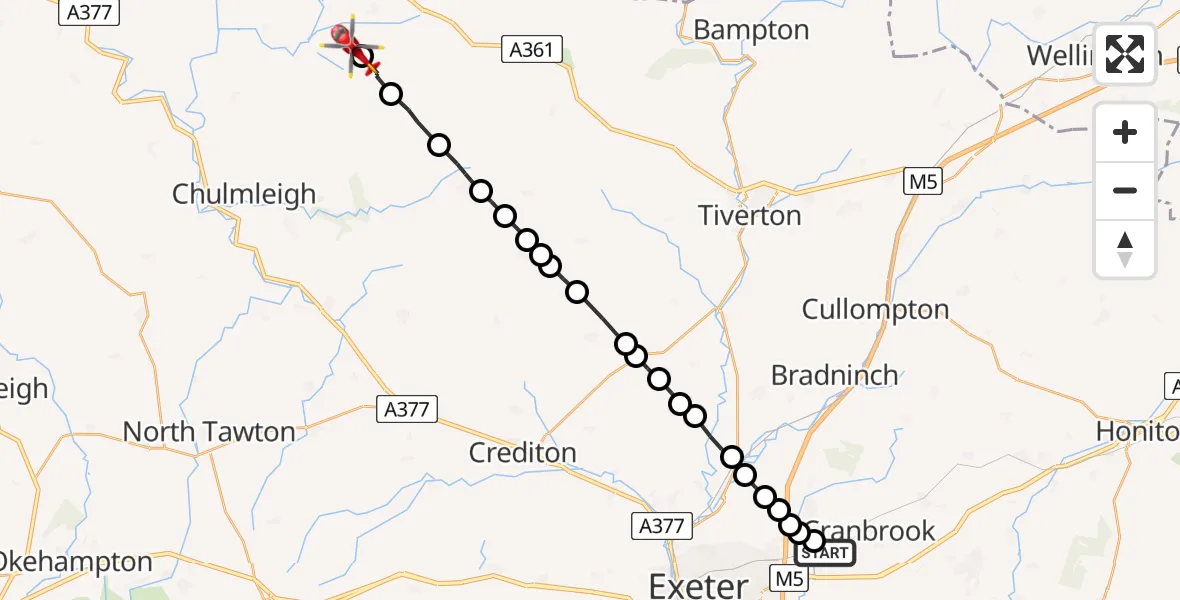 Flight path map showing Air Ambulance Helicopter route from Clyst Honiton to Mariansleigh