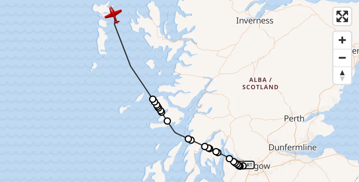 Flight path map showing Air Ambulance Aircraft route from Glasgow Airport to Inner Seas