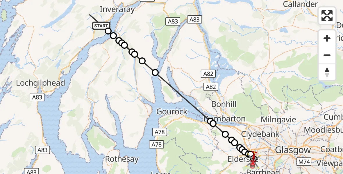 Flight path map showing Air Ambulance Helicopter route from Achnagoul to Royal Alexandria Hospital Paisley