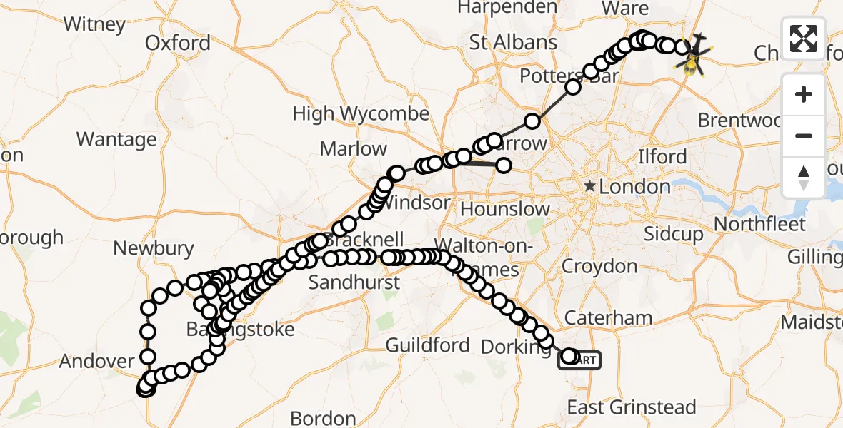 Flight path map showing Police Helicopter route from Salfords to North Weald Bassett