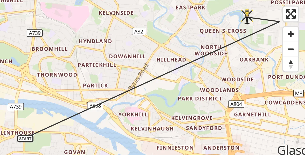 Flight path map showing Police Helicopter route from Glasgow to Glasgow